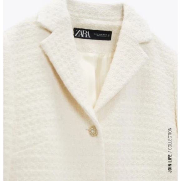 New! Zara Cream White Texture Jacket Blazer Tweed Boucle Rhinestone Buttons Sz L - Picture 14 of 16